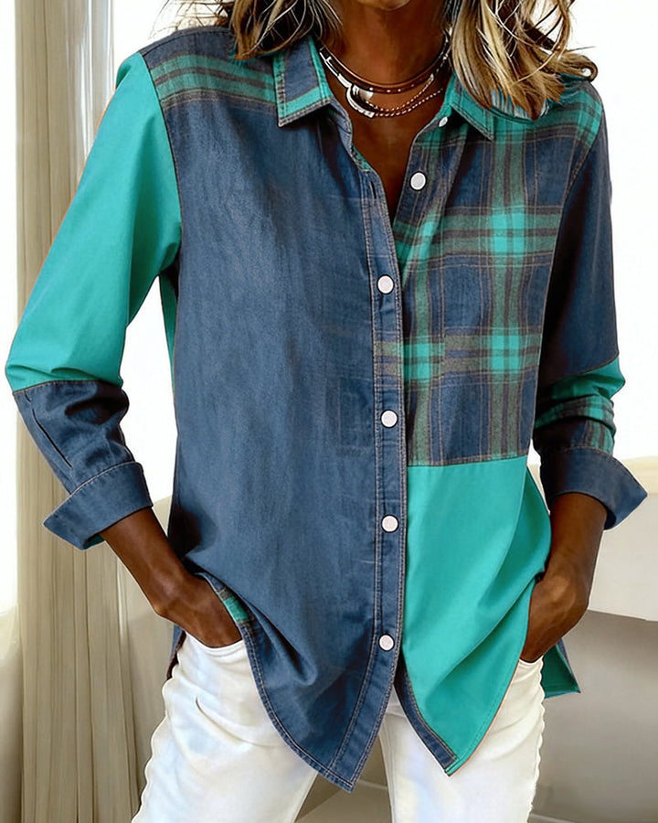 Eva® | Shirt with Notched Collar and Checked Contrast Design