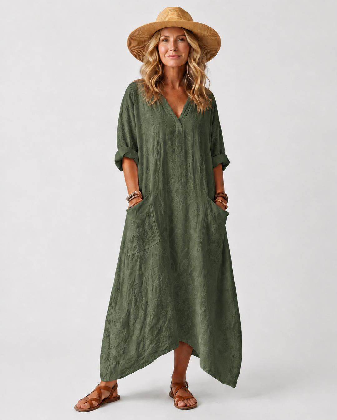 Remi | Notch Neck Printed Oversized Pocket Midi Dress