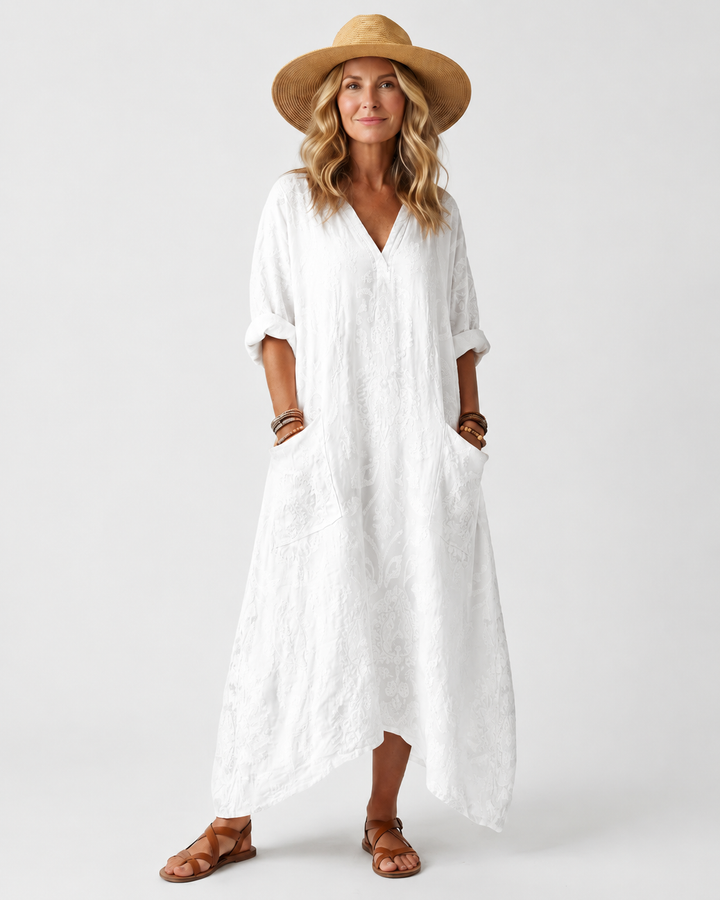Remi | Notch Neck Printed Oversized Pocket Midi Dress