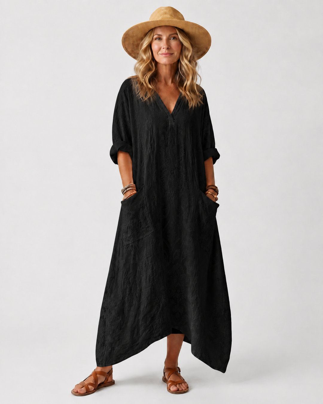 Remi | Notch Neck Printed Oversized Pocket Midi Dress